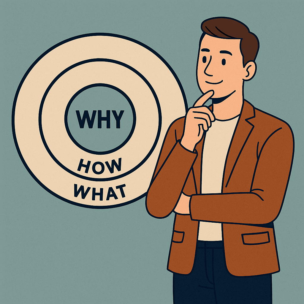 Ilustracja Golden Circle – koncepcja Simona Sineka przedstawiająca trzy kręgi: Why, How i What. Grafika wizualizuje, jak firmy powinny komunikować swoje wartości od wewnątrz na zewnątrz.