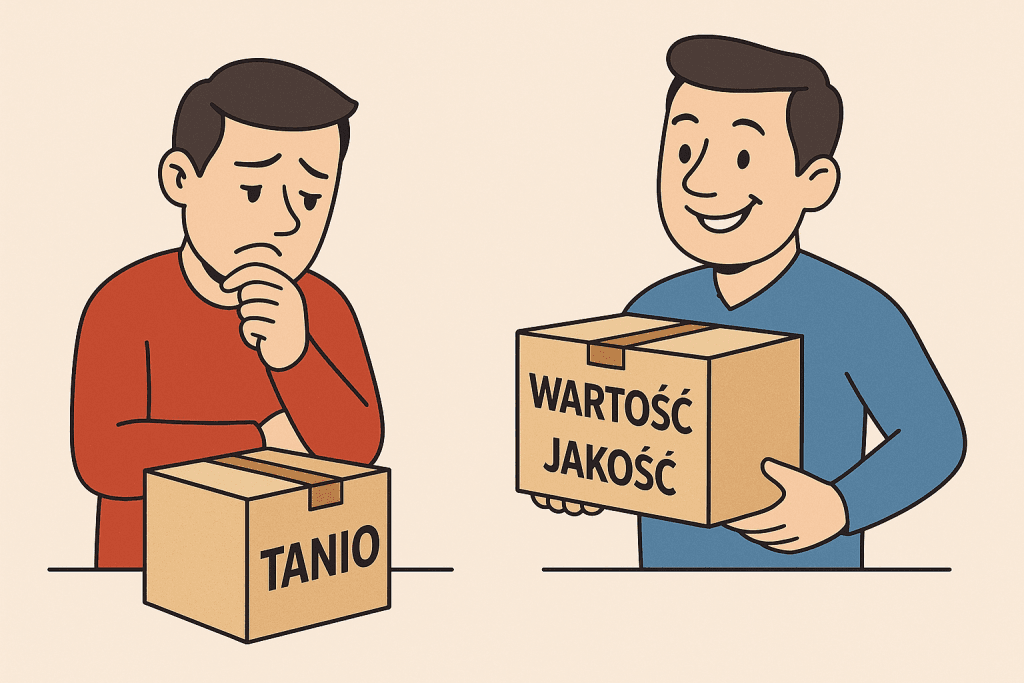 Ilustracja porównująca dwóch klientów: jeden wybiera tani produkt z rozczarowaniem, drugi droższy z napisem Wartość i Jakość oraz zadowoloną miną.